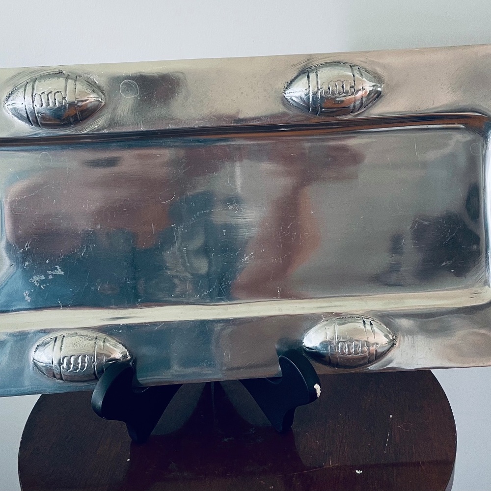 large Pewter style serving tray with footballs, Tailgate serving Tray